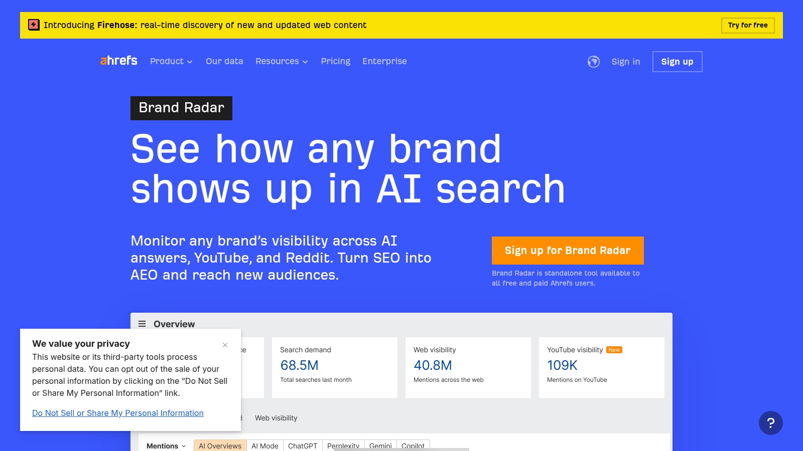 Ahrefs Brand Radar product screenshot